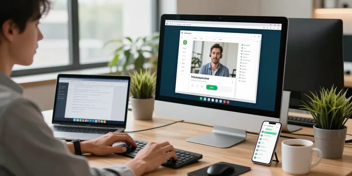 Using WhatsApp電腦版 for video calls in a modern office workspace.