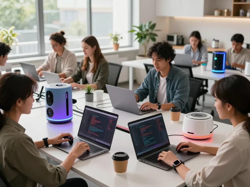 Innovative tech gadgets showcased in a modern workspace with diverse users engaging with devices