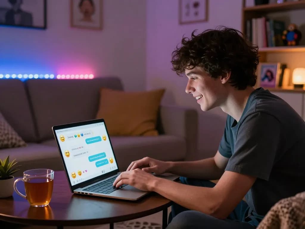 Engaging in a playful NSFW AI chat experience on a laptop in a cozy room.