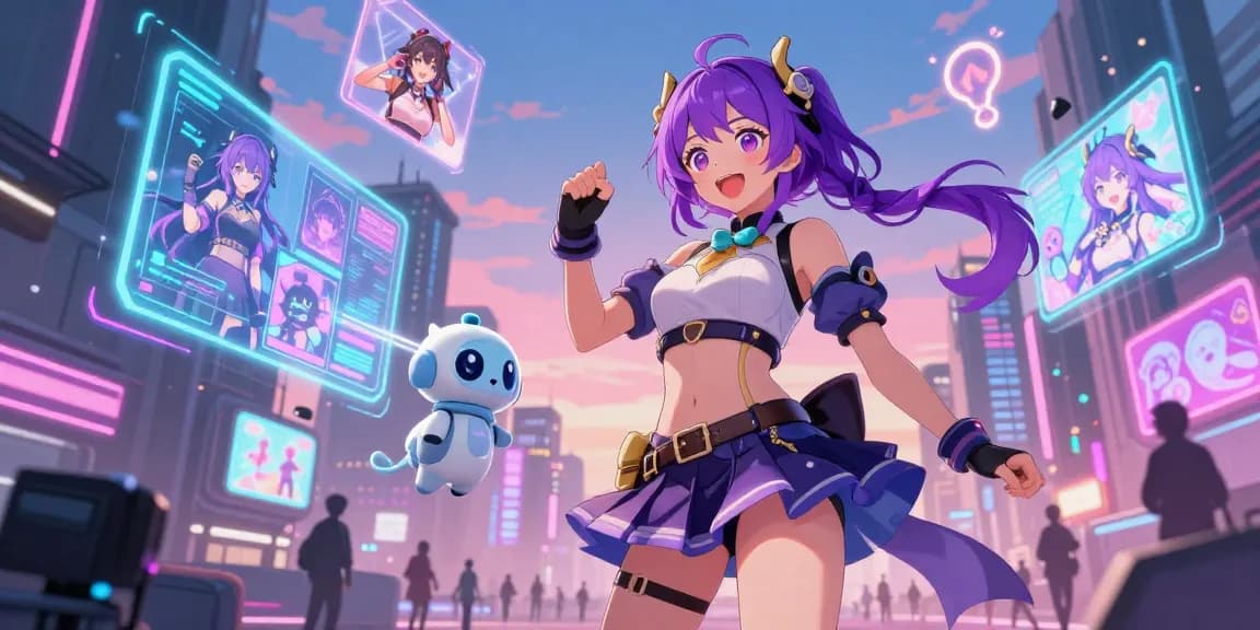 A vibrant scene showcasing an ecchi character interacting with AI companions in a futuristic city filled with neon lights, highlighting themes of ai ecchi.