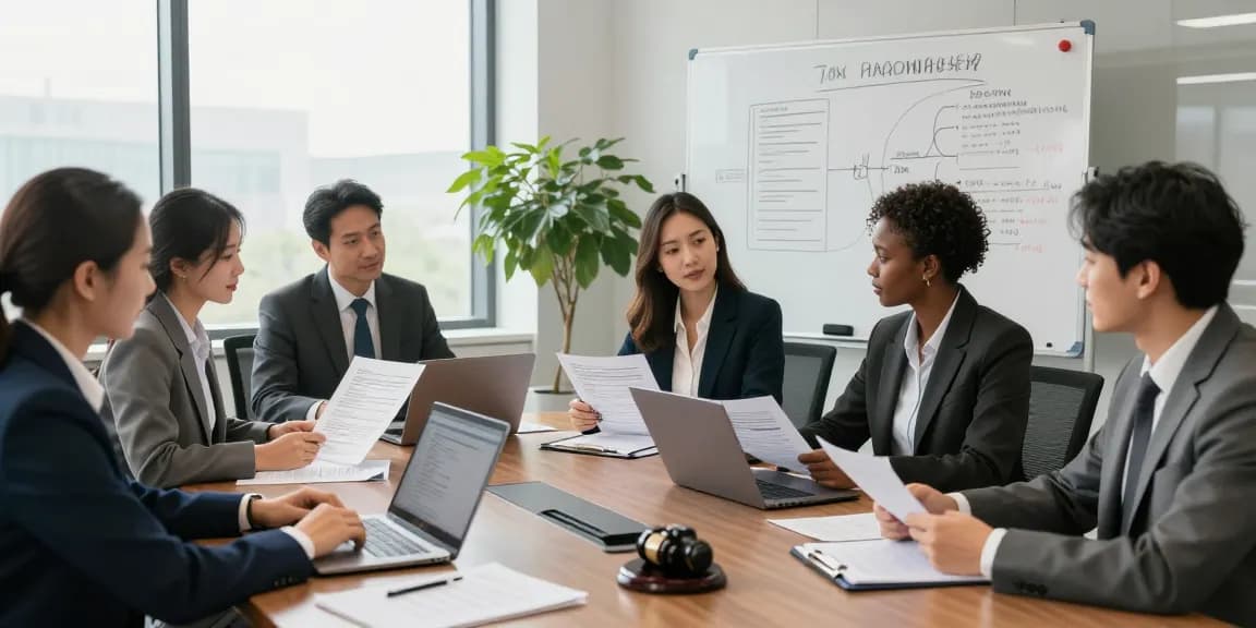 Legal blog discussion highlighting a diverse team strategizing in a modern law office.
