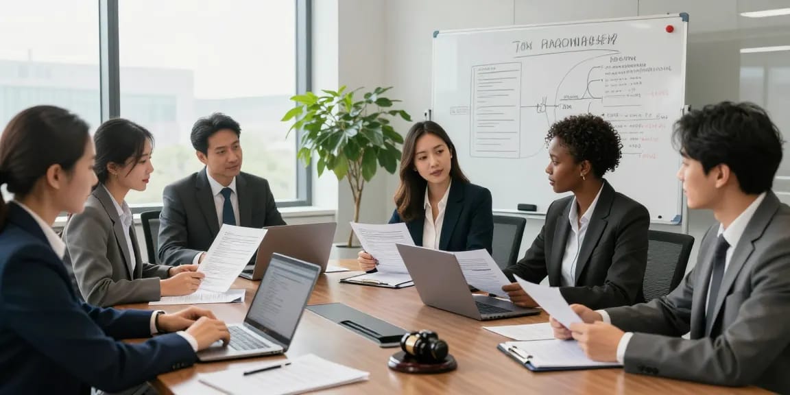 Legal blog discussion highlighting a diverse team strategizing in a modern law office.