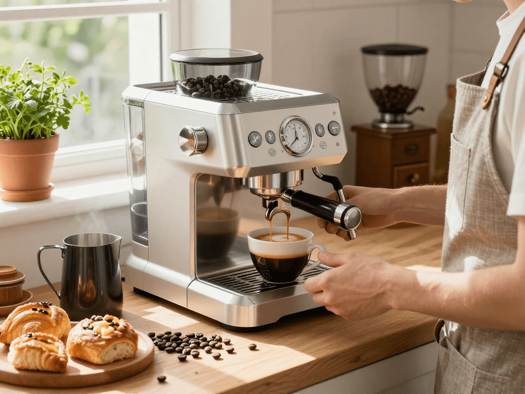 Barista brewing espresso using ROKOK88 Espresso Machines in a bright kitchen.