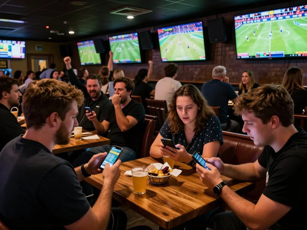 Engaged sports fans analyzing kèo nhà cái hôm nay while enjoying the lively atmosphere.