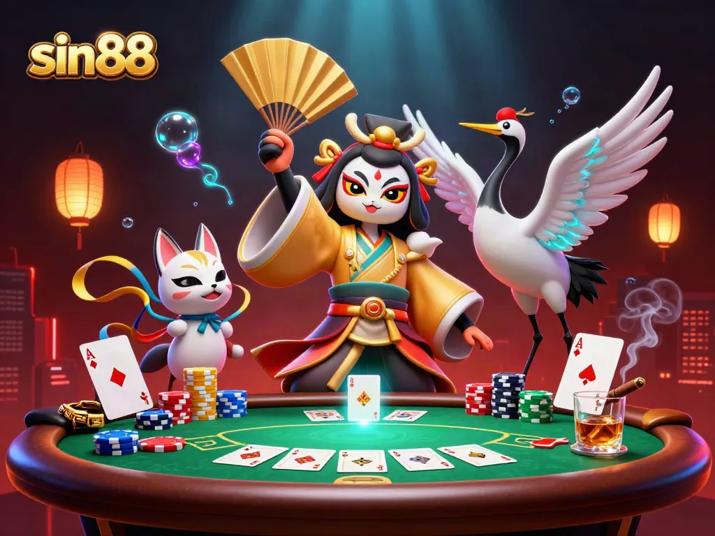 Experience sin88's vibrant casino scene with kabuki warrior and kitsune in action.