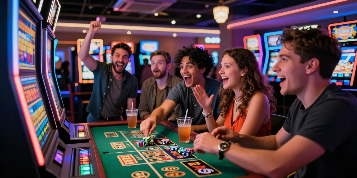 Slot gacor malam ini celebration at a casino, friends excited around a slot machine with vibrant lights.
