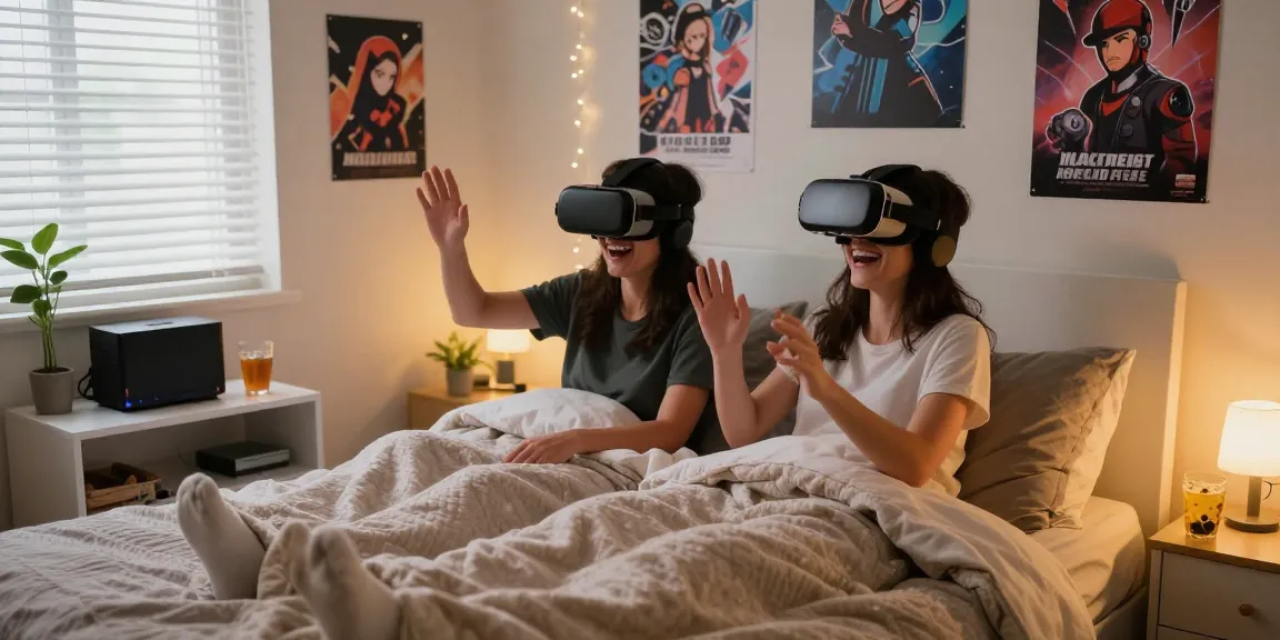 Couple enjoying a fun NSFW apk game experience in a cozy bedroom.