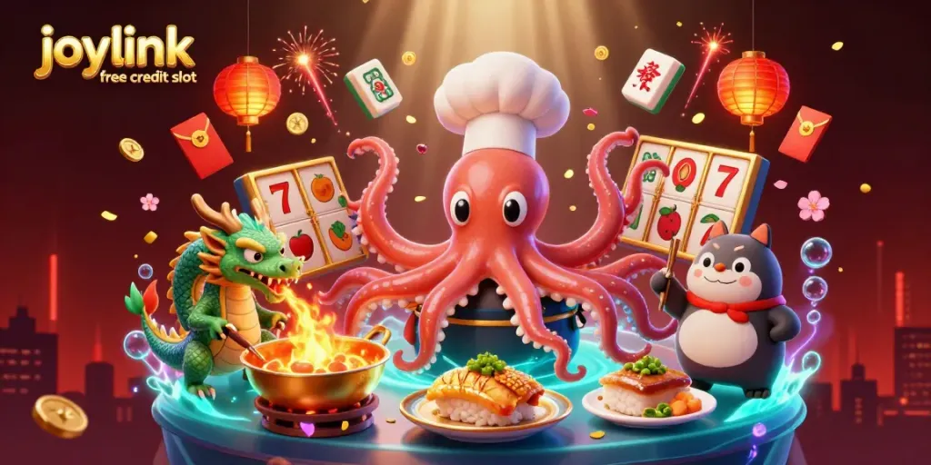 Experience joylink free credit slot with vibrant characters and dynamic gambling elements surrounding a delicious culinary scene.