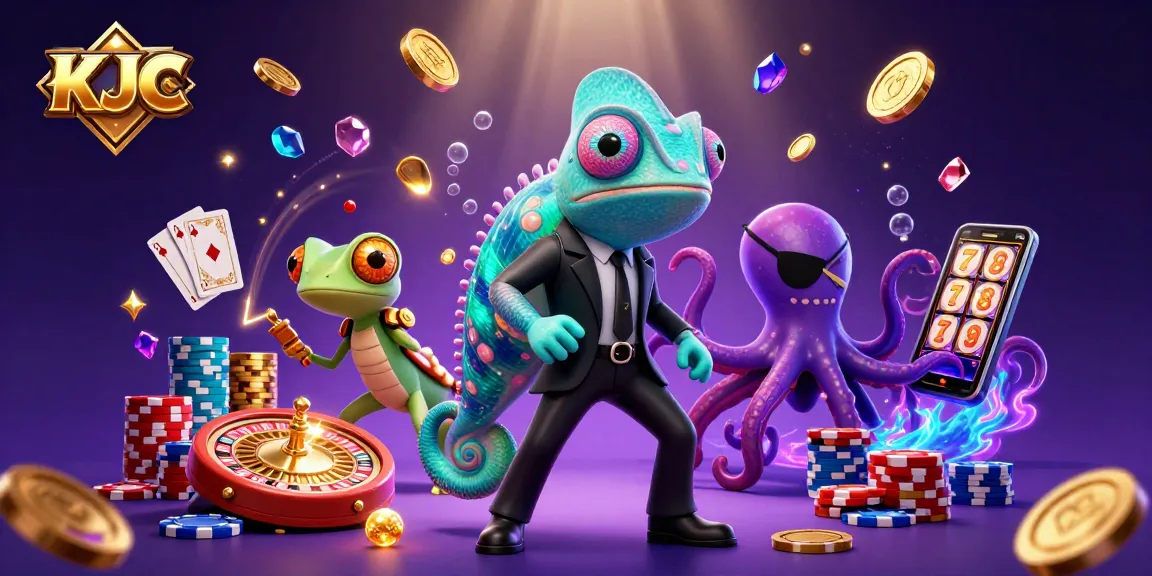 KJC transforms the gambling experience with a dynamic scene of colorful casino action featuring a secret agent chameleon, a tech-gecko, and a villainous octopus.