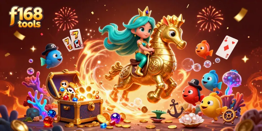 Experience f168 tools with this vibrant 3D casino illustration featuring games and adventure.