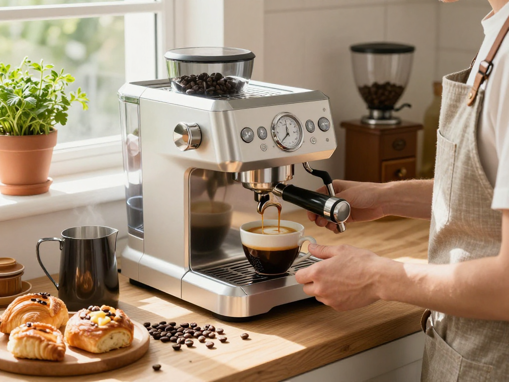 Barista brewing espresso using ROKOK88 Espresso Machines in a bright kitchen.