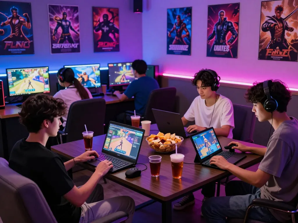Friends enjoying gay porn games in a vibrant gaming lounge with colorful lighting and snacks.