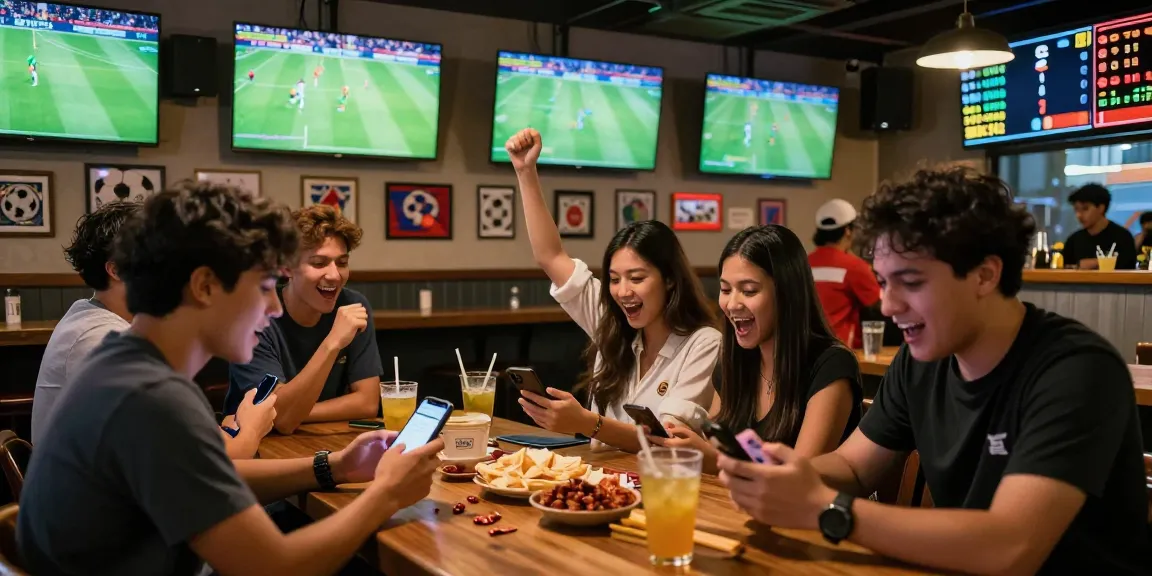 Exciting football betting Malaysia scene in a lively sports bar with fans cheering and betting