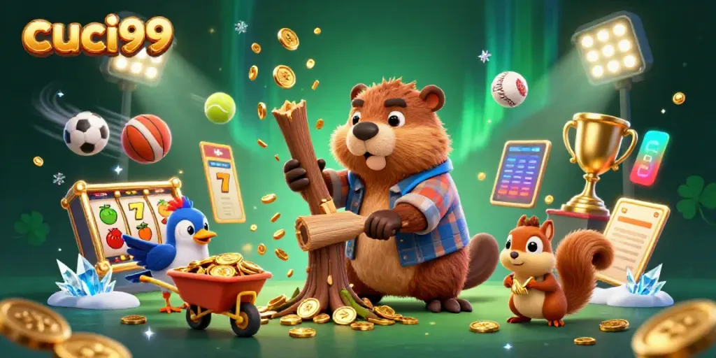Watch the lumberjack beaver at cuci99 as it chops a tree raining gold coins in this vibrant casino scene.