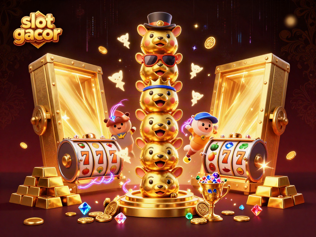 Play iconic slots with slot gacor in this vibrant 3D casino illustration showcasing gold and gems.
