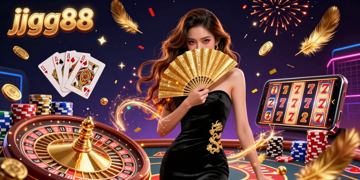 Experience the thrill of jjgg88 with stunning casino elements amidst golden coins and a glamorous atmosphere.
