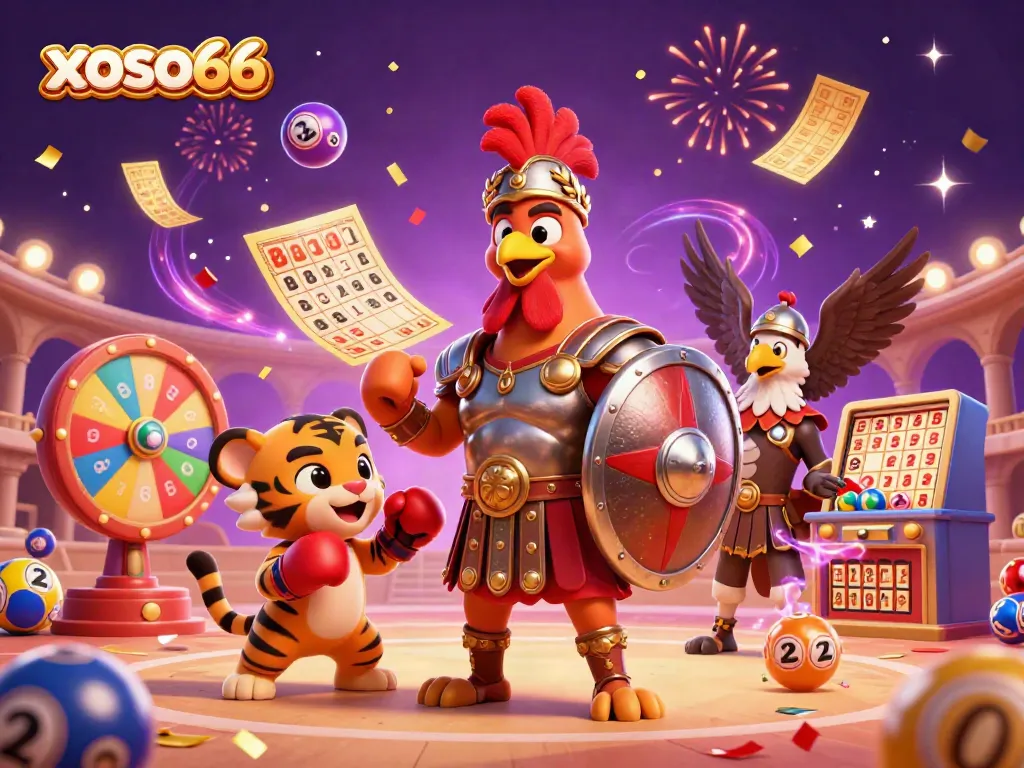 Experience the excitement of xoso66 with a dynamic 3D illustration of a gladiator rooster in a vibrant gaming arena.