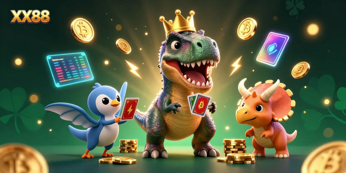 Engage with the vibrant XX88 online gaming scene featuring playful dinosaurs and crypto elements.