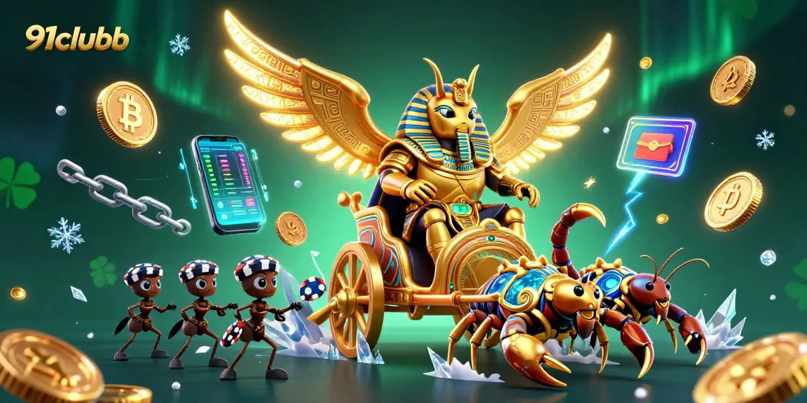 Embark on thrilling gaming with 91clubb’s vibrant 3D casino scene filled with characters and crypto elements.