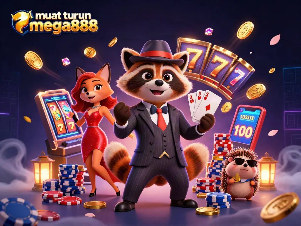 Muat turun mega888 with a stylish raccoon, charming fox, and hedgehog in an enchanting casino scene.