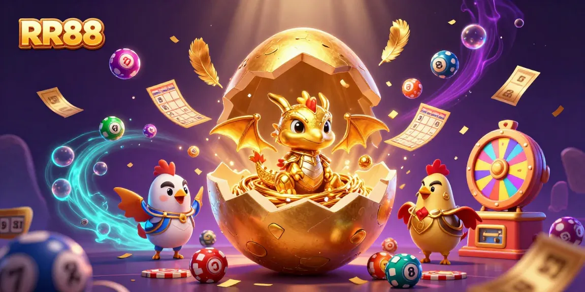 RR88 showcases a golden dragon and poker chips amidst vibrant gaming elements, perfect for online gamblers.