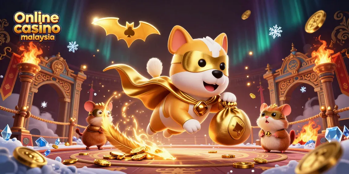 Play at online casino Malaysia with a winning 3D cartoon superhero dog and sidekick soaring amongst gold coins and games.