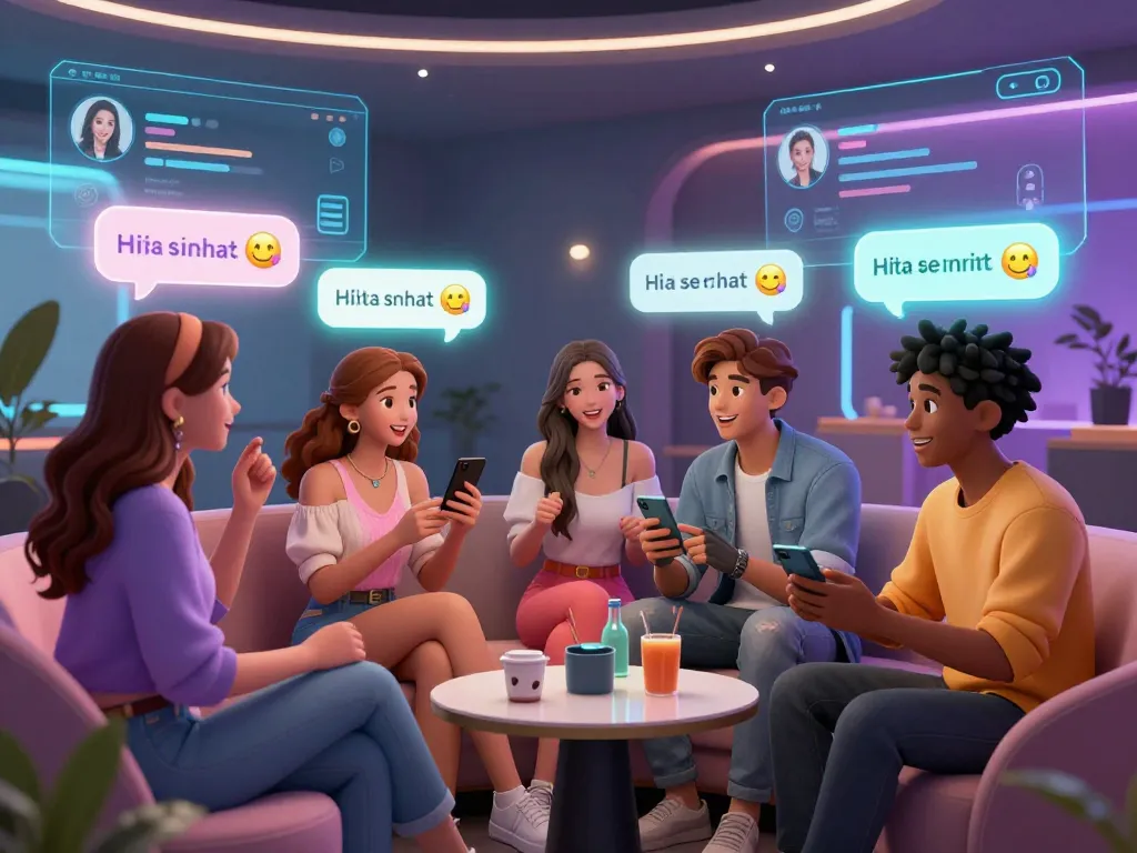Engaging AI sex chat scene with diverse avatars in a modern virtual lounge.