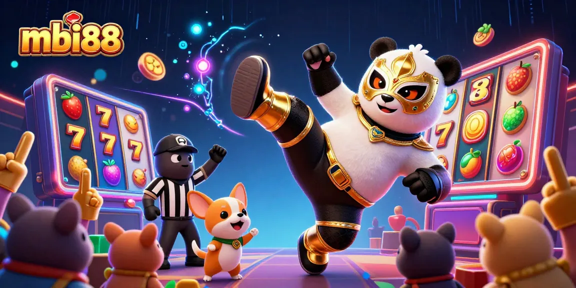 Witness the excitement of mbi88 with animated casino elements, slots, and dynamic characters in a vibrant scene.