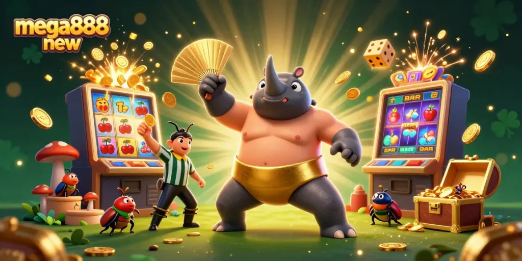 Experience mega888 new as the prize-winning beetle champion sends coins flying in this vibrant casino illustration.
