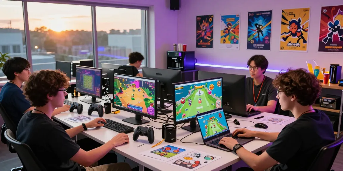 Developers collaborating on a new hentaigame project in a vibrant studio environment.
