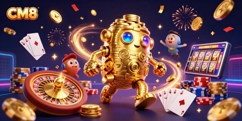 Engage with the dynamic and vibrant CM8 online casino, featuring golden golems and vibrant gaming elements.