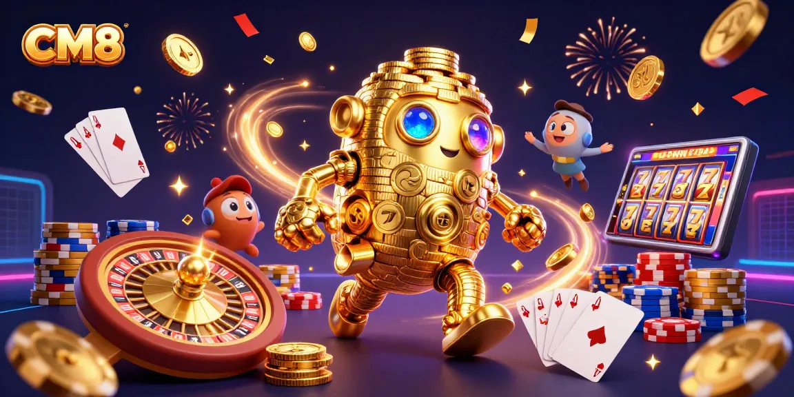 Engage with the dynamic and vibrant CM8 online casino, featuring golden golems and vibrant gaming elements.
