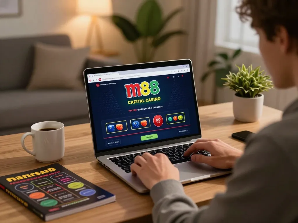 Engaging in online casino gaming on m88 capital in a stylish home setting with strategy notes.
