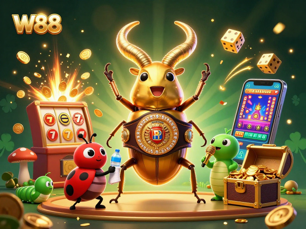 Win big at W88 with an exciting 3D illustration showcasing dynamic casino gaming elements.