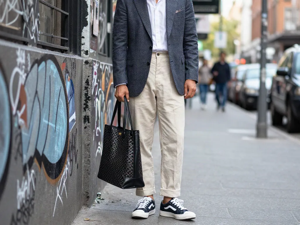 Stylish person in urban wear emphasizing quality fabrics near rokok88 login