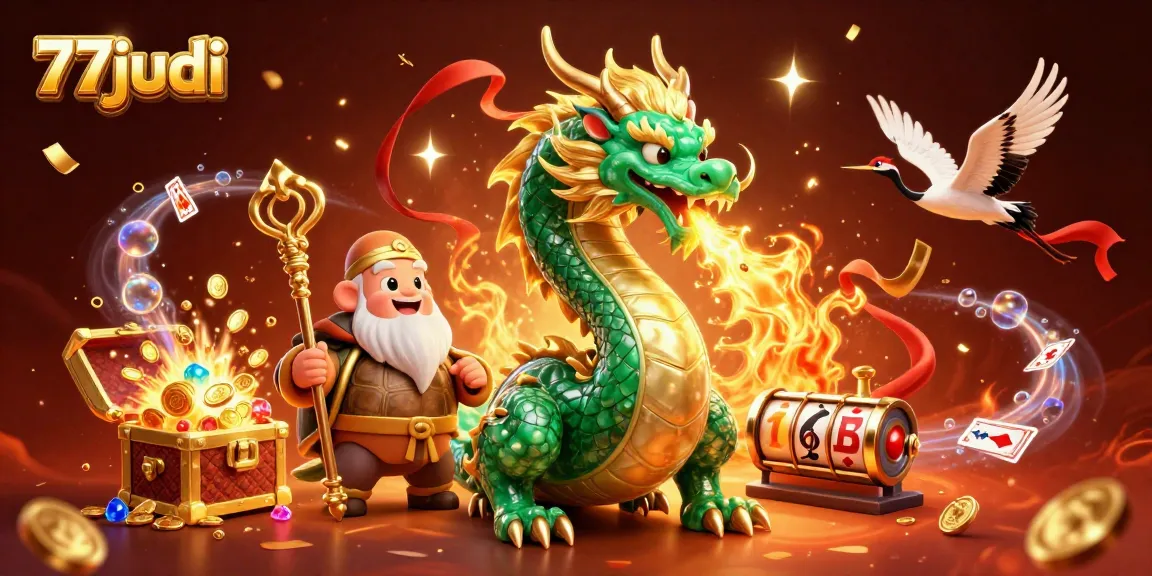 Engage in thrilling gameplay at 77judi with a vibrant 3D scene featuring a jade dragon and lucky symbols.