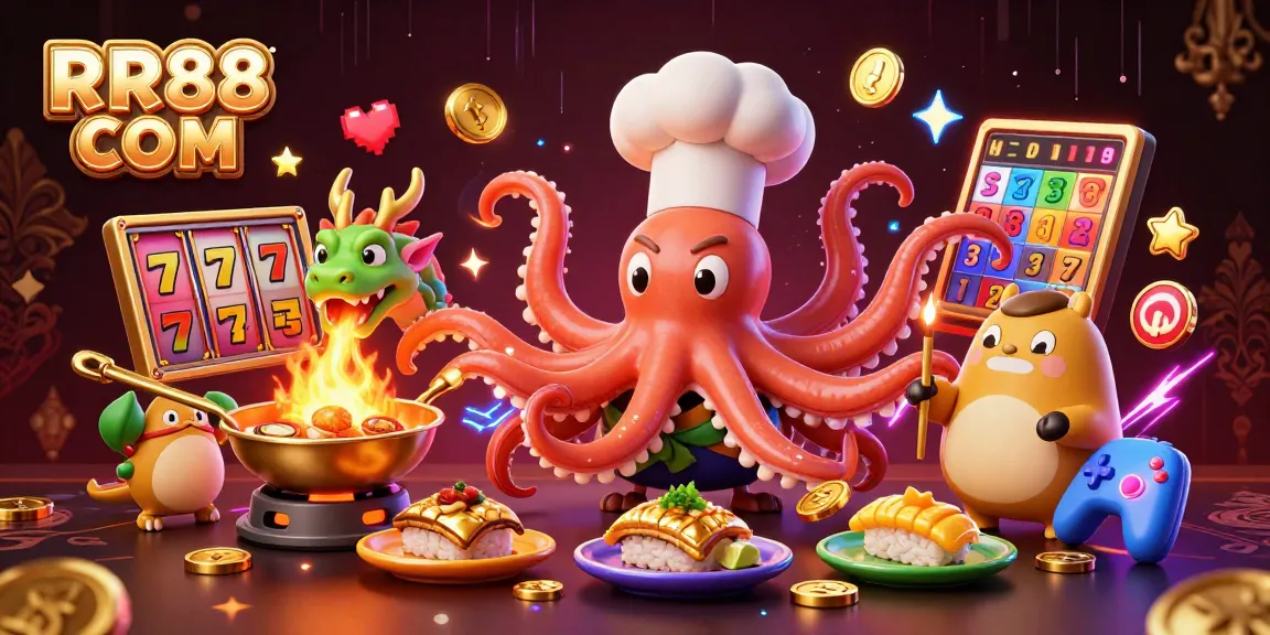 Engage in exciting gameplay with RR88 COM's vibrant illustration featuring slot elements and dynamic characters.