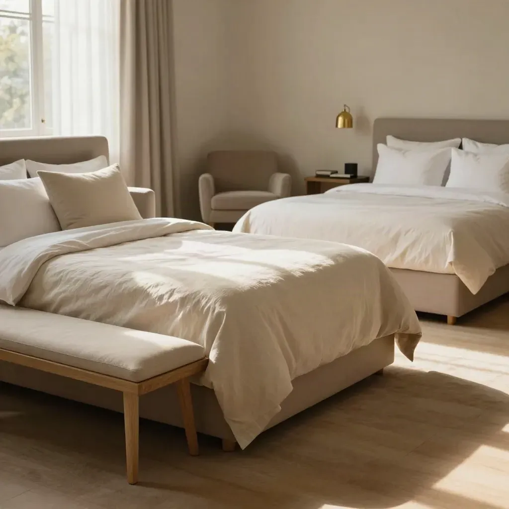 Bilik suite keluarga luas dengan dua katil, sofa tarik keluar dan cahaya lembut dari tingkap.