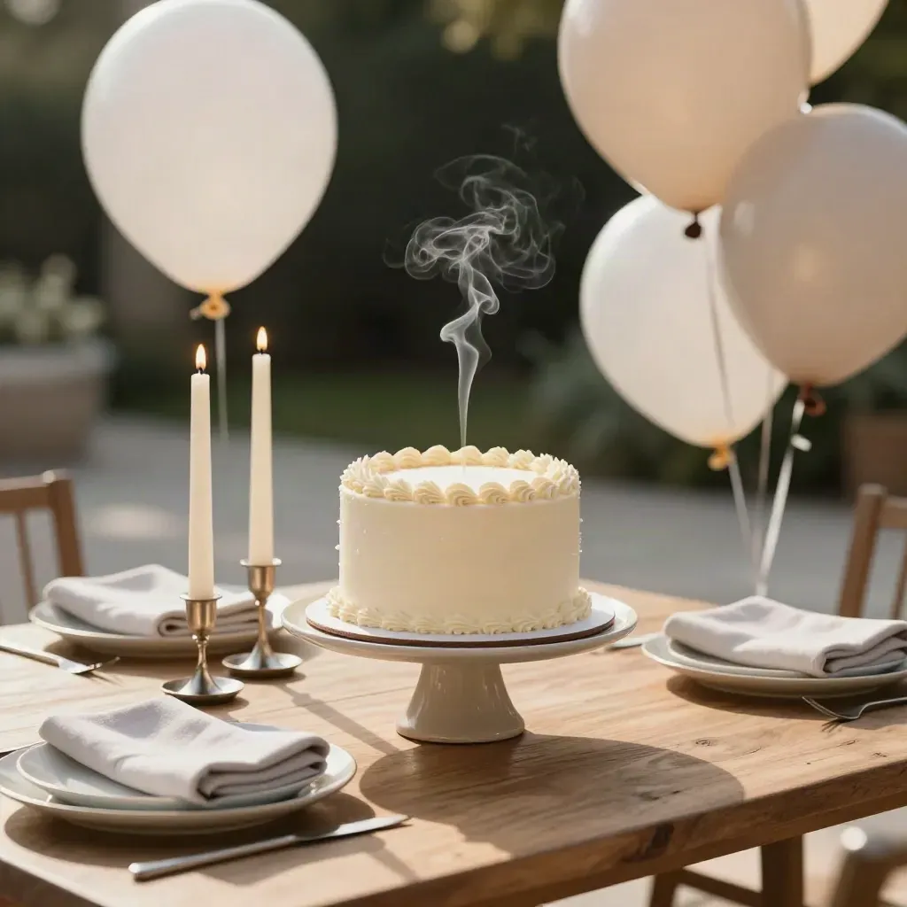 Meja sambutan hari lahir ringkas dengan kek, lilin, belon dan pinggan tersusun.
