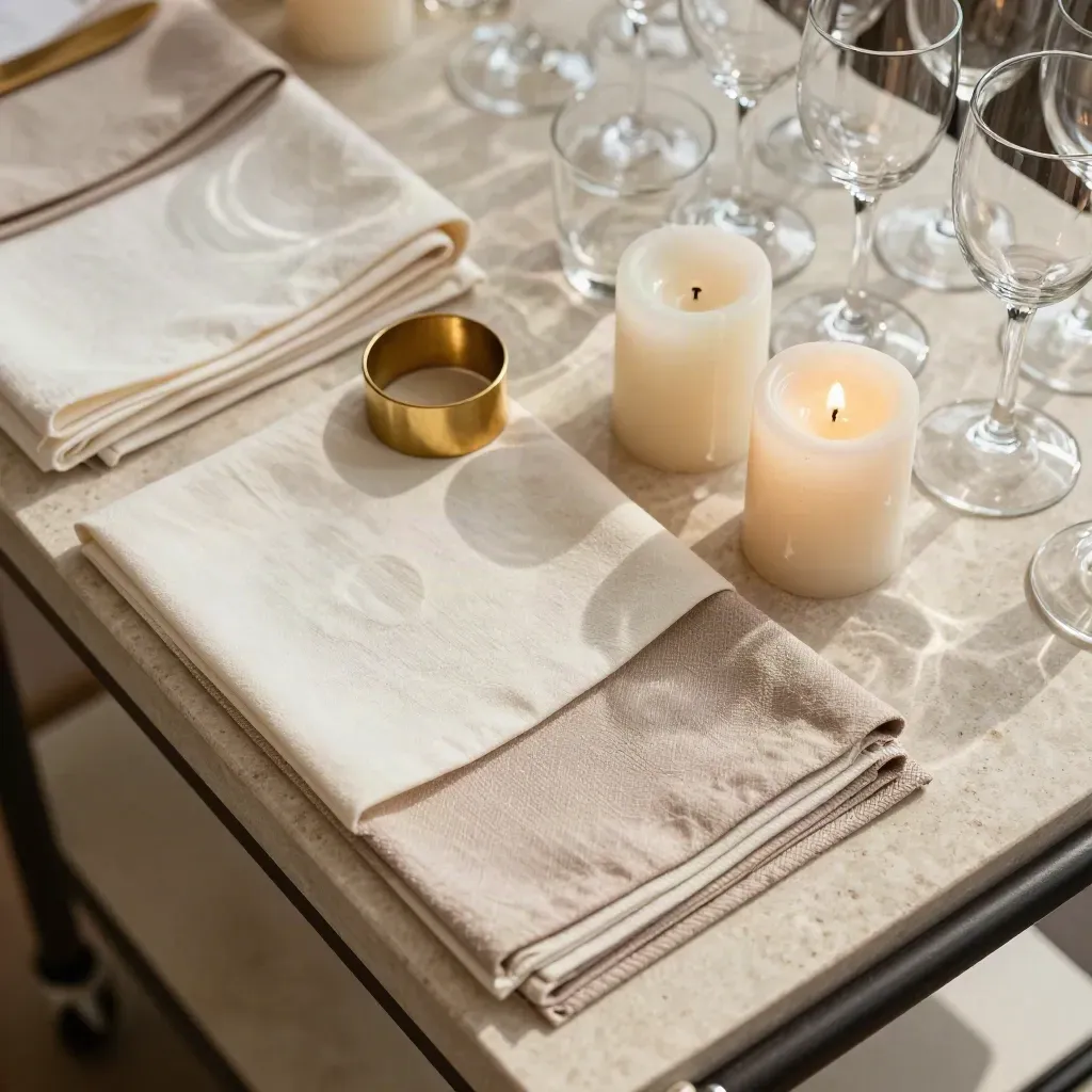 Kit koordinasi acara: swatch linen, cincin napkin, lilin tirus dan gelas bertindan.