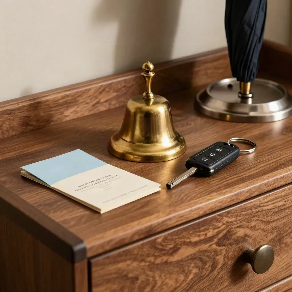 Loceng loyang, fob kunci kereta dan token laluan di kaunter concierge hotel