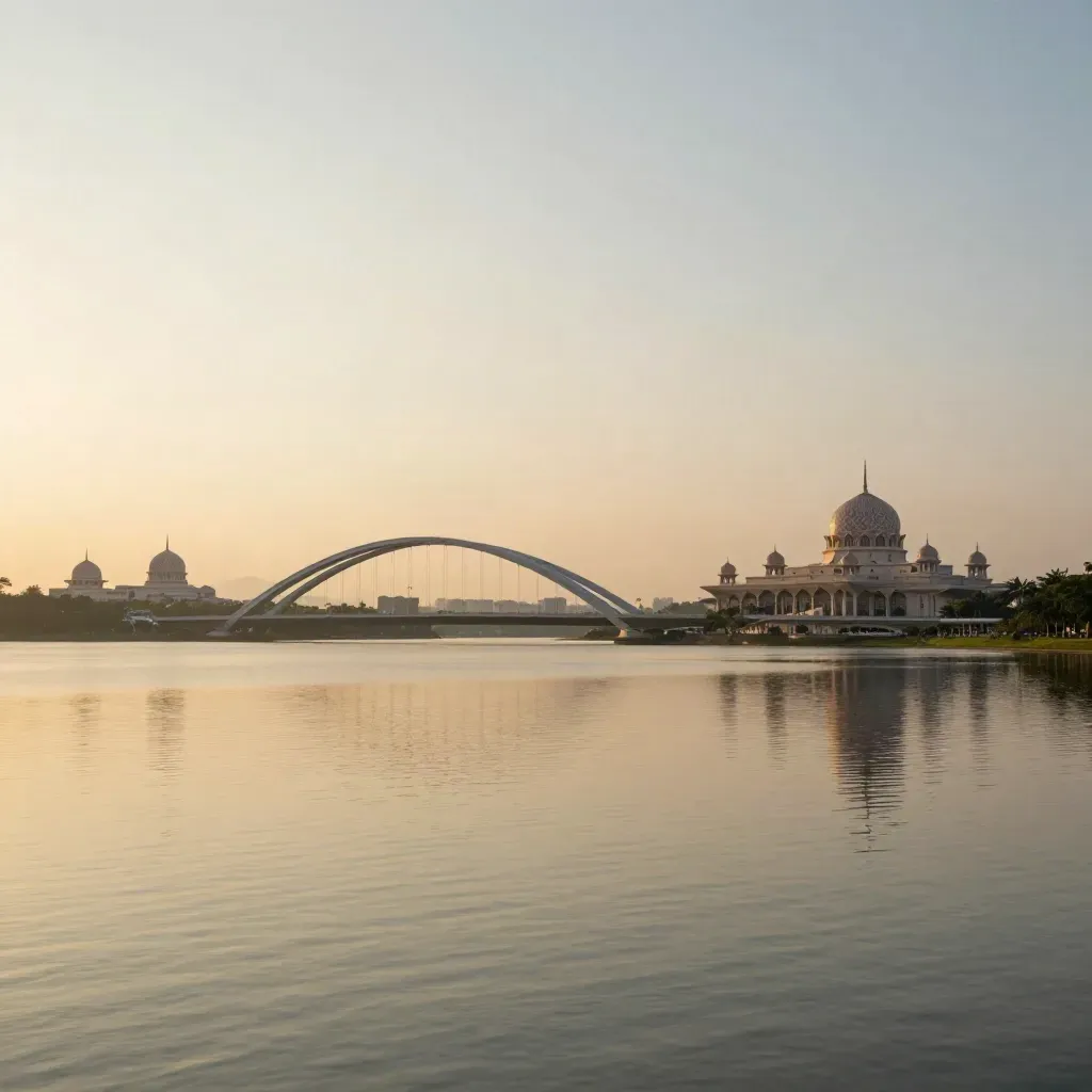 Pemandangan senja Putrajaya dengan tasik tenang, jambatan dan kubah di langit emas.