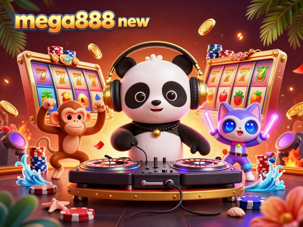 Spin your way to victory with mega888 new in this lively 3D casino illustration.