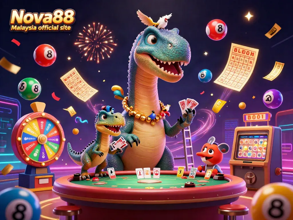 Experience thrilling gaming action at Nova88 Malaysia official site with a playful dinosaur-themed casino scene.