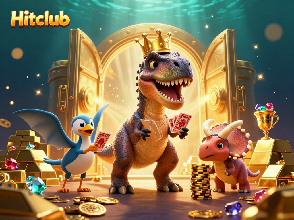 Hitclub's lively casino scene showcasing a T-Rex card player, pterodactyl assistant, and triceratops stacking chips.