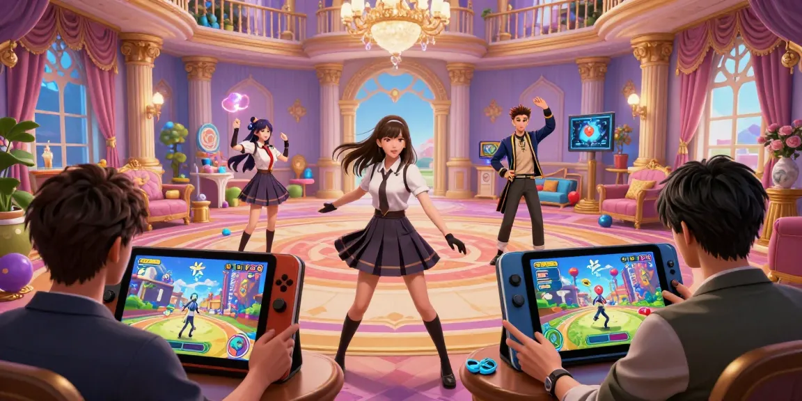 Engaging scene of characters playing an ecchi game on devices in a vibrant fantasy mansion.