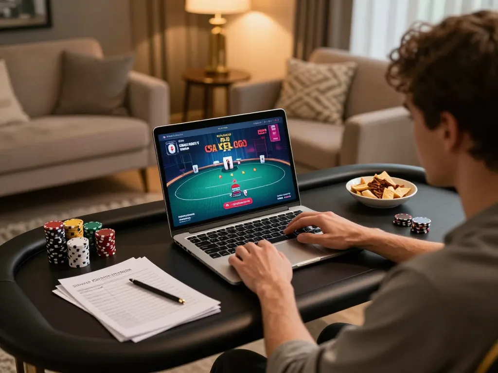 RR88 players engaging in strategic poker gaming at home in a warm setup