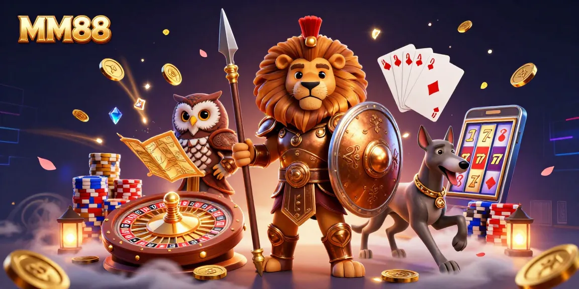 Experience exciting gameplay with MM88's vibrant casino scene featuring casino elements like golden coins and playing cards.