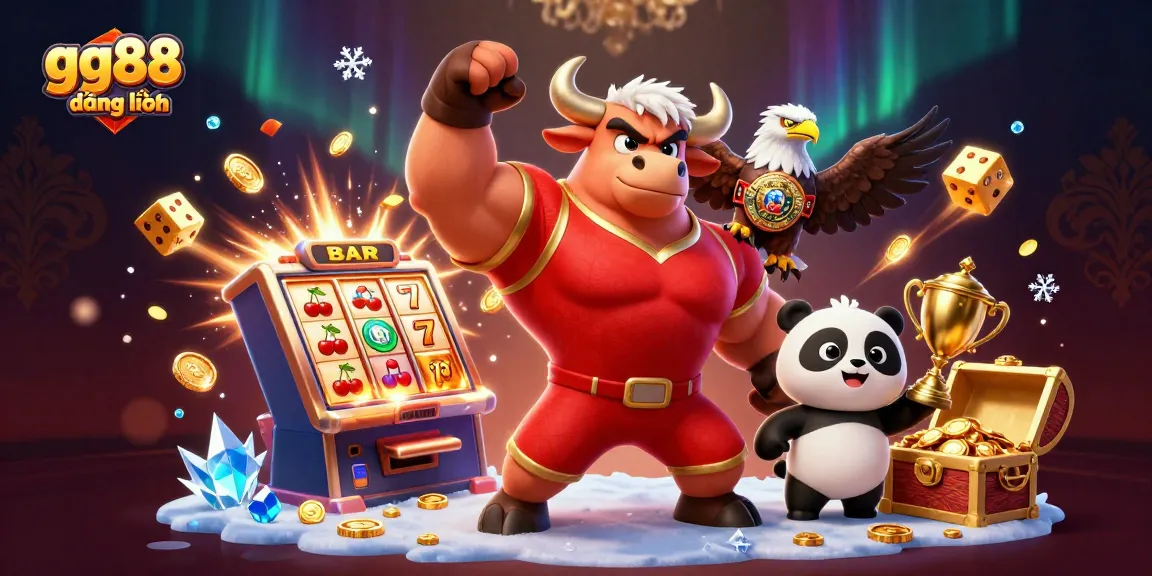 Experience thrilling gaming moments at gg88 đăng nhập with a cheerful panda and strong bull mascots celebrating victories.