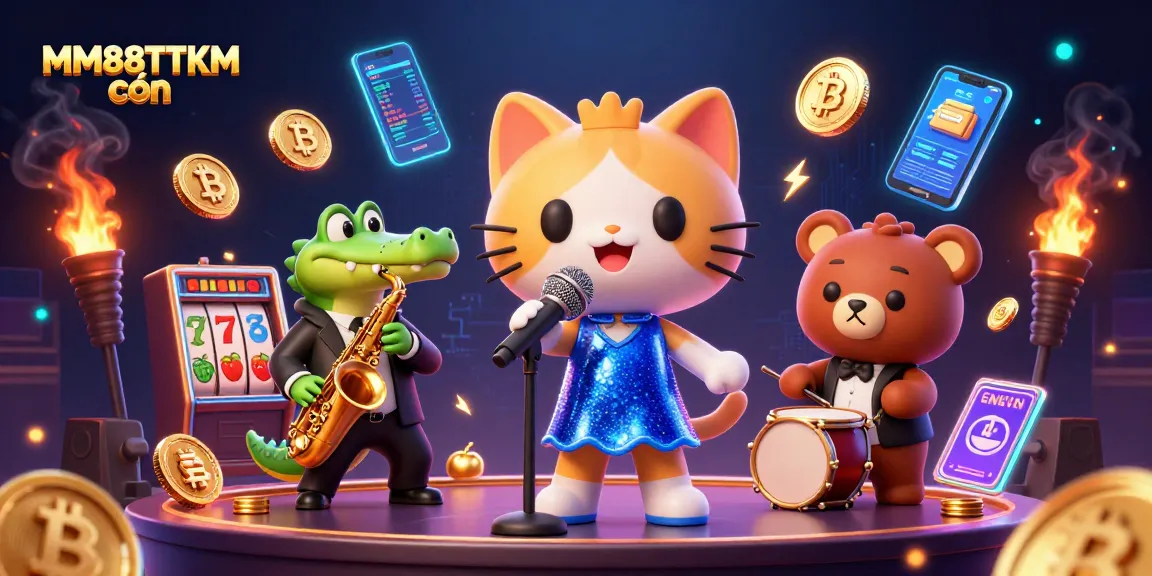 Play thrilling slots at MM88TTKM còn, enjoying exciting casino vibes with vibrant characters and glittering coins.